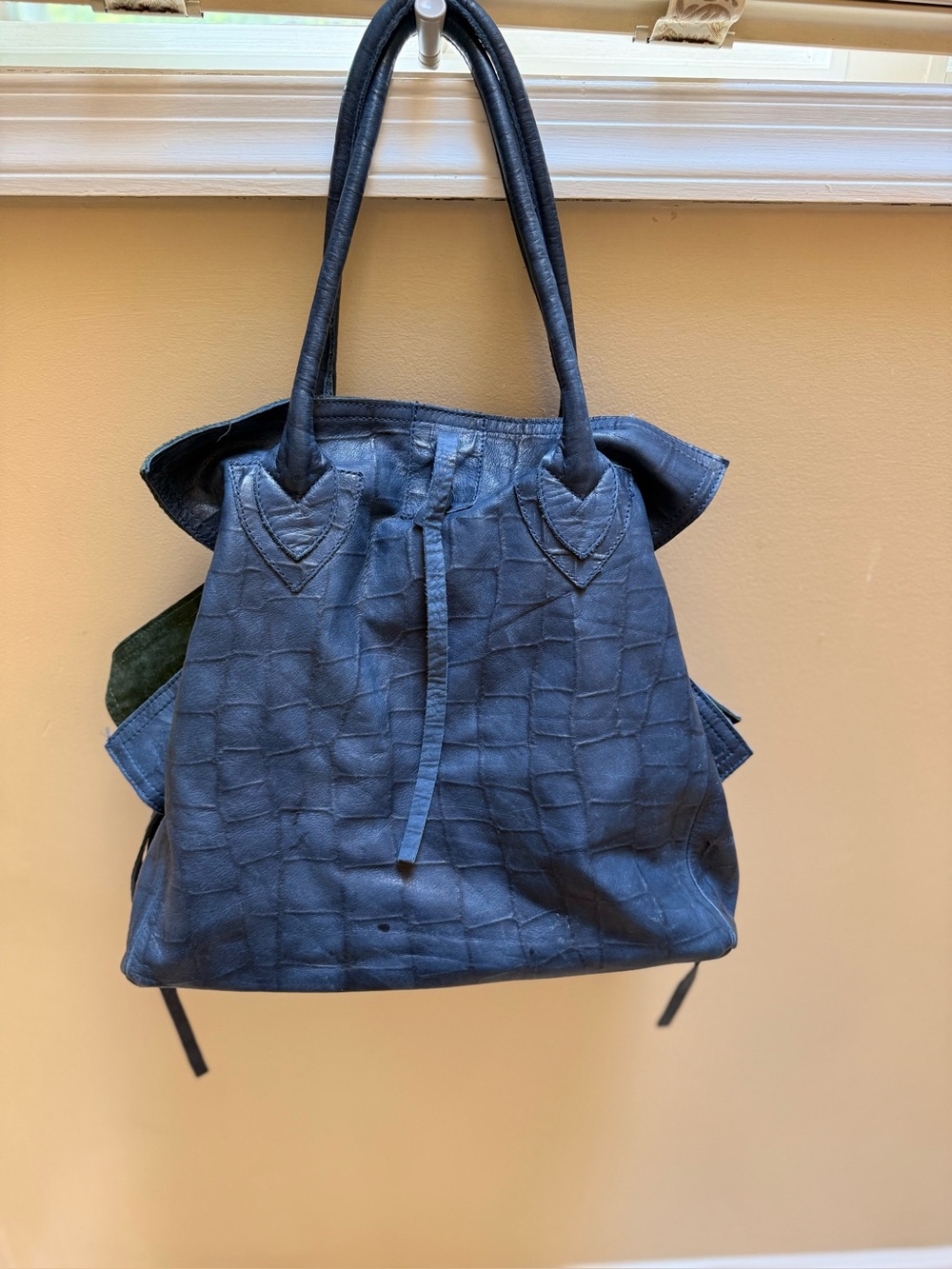 Let & Her Navy Croc Embossed Leather Tote Bag | Green Suede Interior